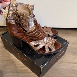 Freebird Nest by Steven Two-Tone Brown & Taupe Snake-Print Heeled Sandals